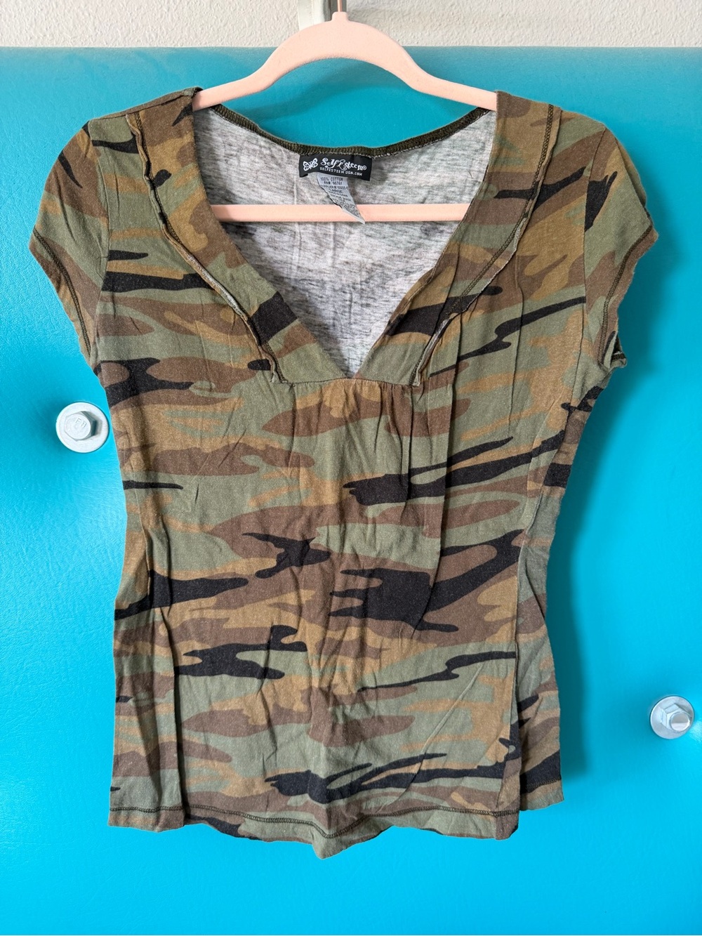 Self Esteem Camo V-Neck Short Sleeve Top - Green, Brown, Black